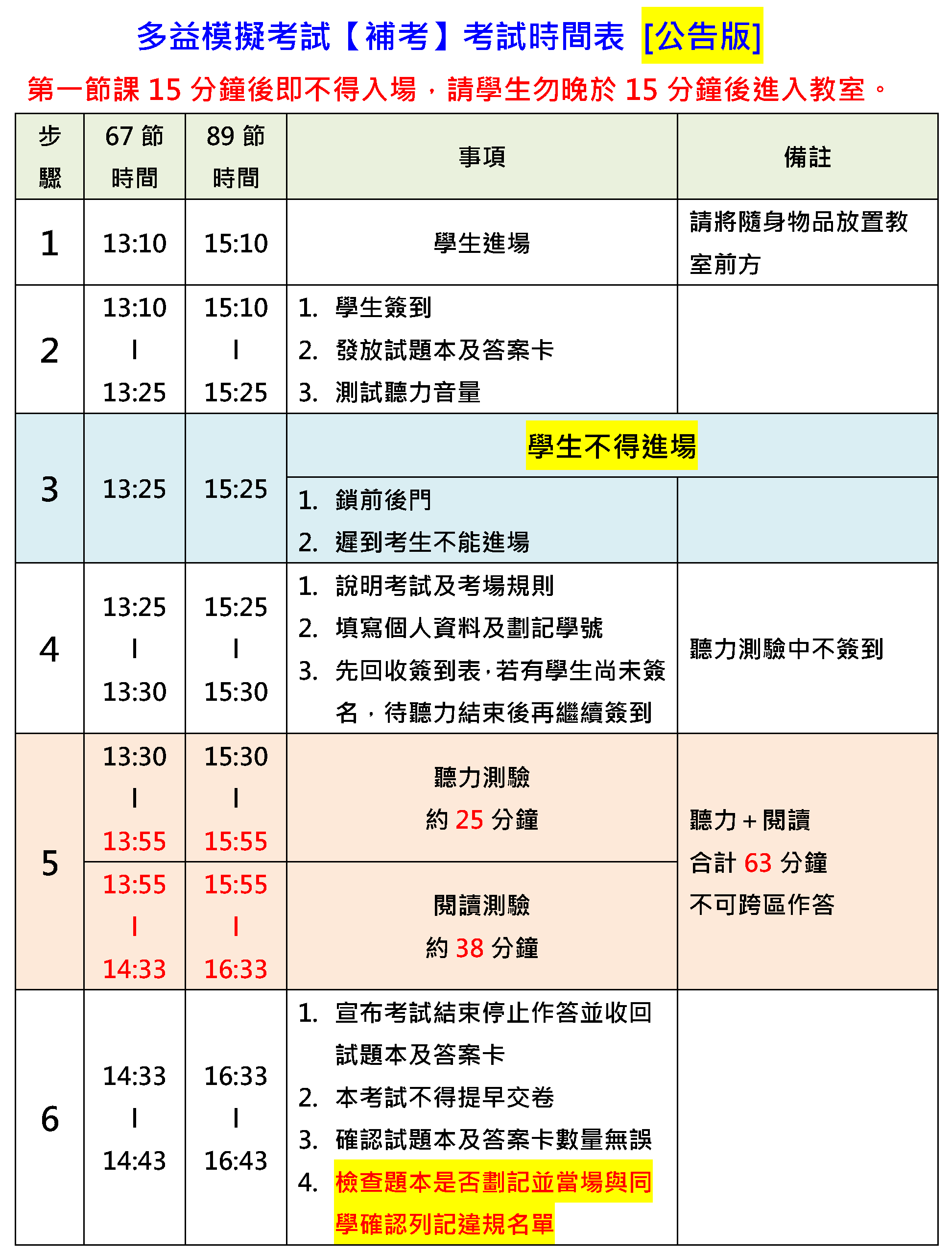 (多益模擬考) 112-1 【補考】考試時間表